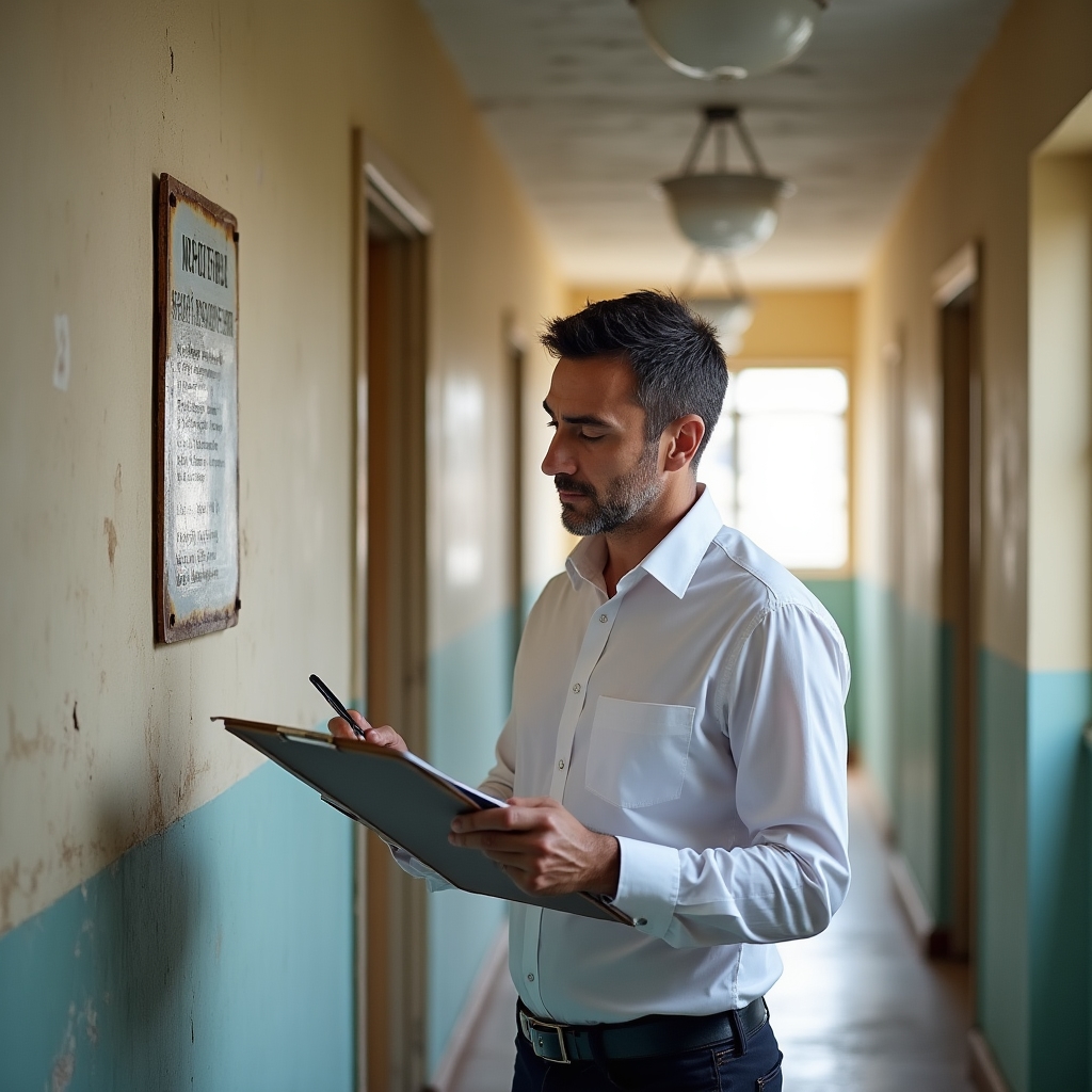 Safety professional with clipboard conducting a detailed building assessment inspection in a residential corridor checking signage compliance