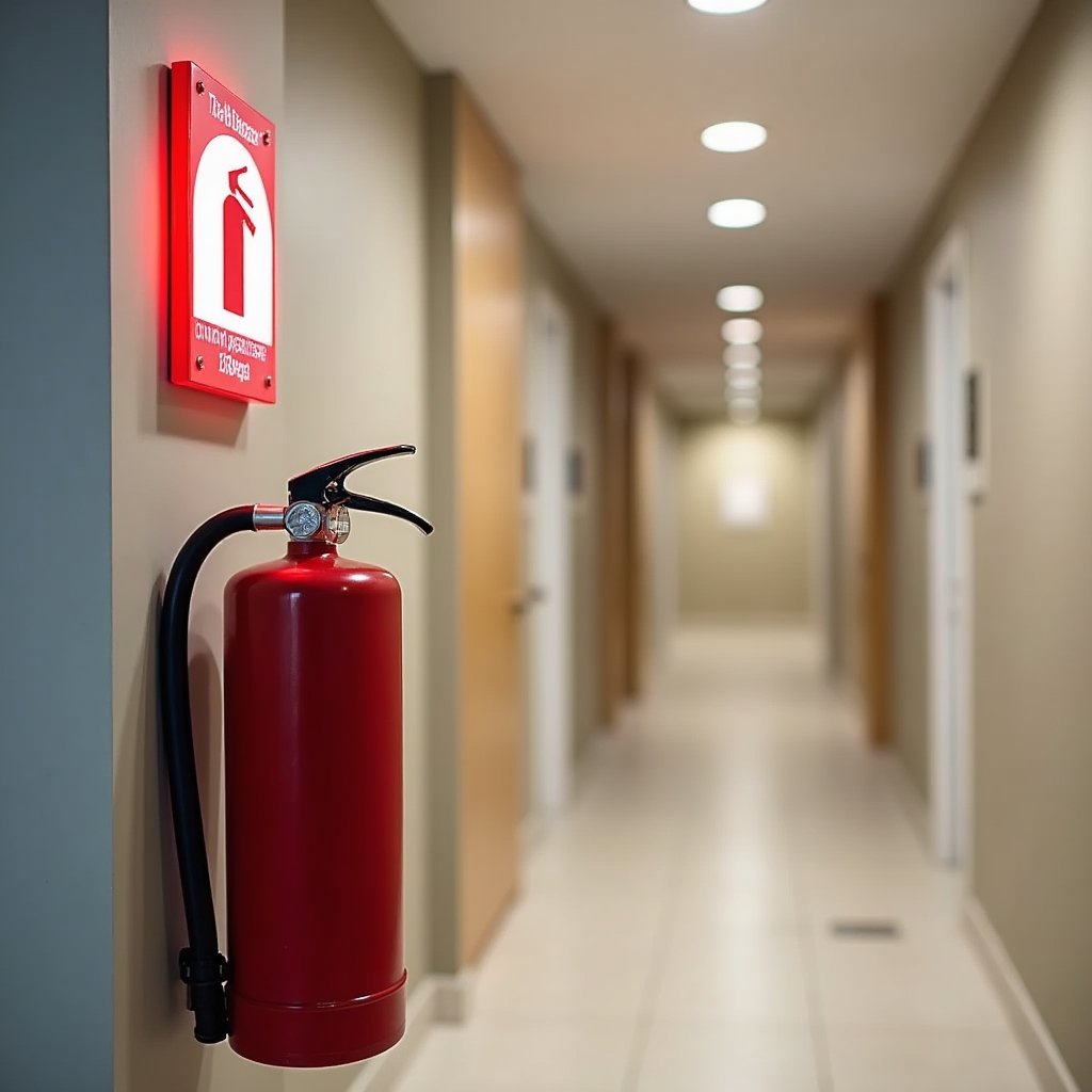 Bright red fire extinguisher on wall bracket with new photoluminescent identification sign mounted above in building hallway