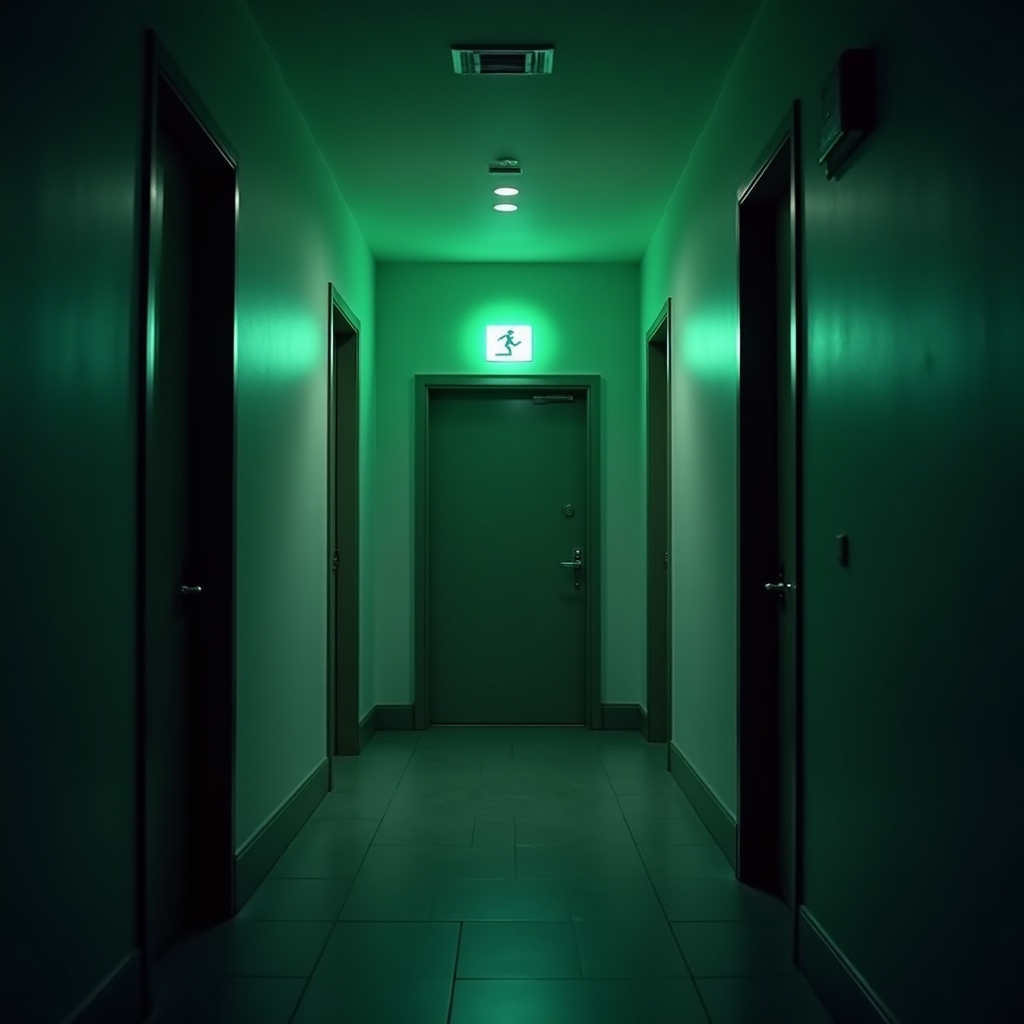 Emergency exit sign illuminated in a residential building corridor at night