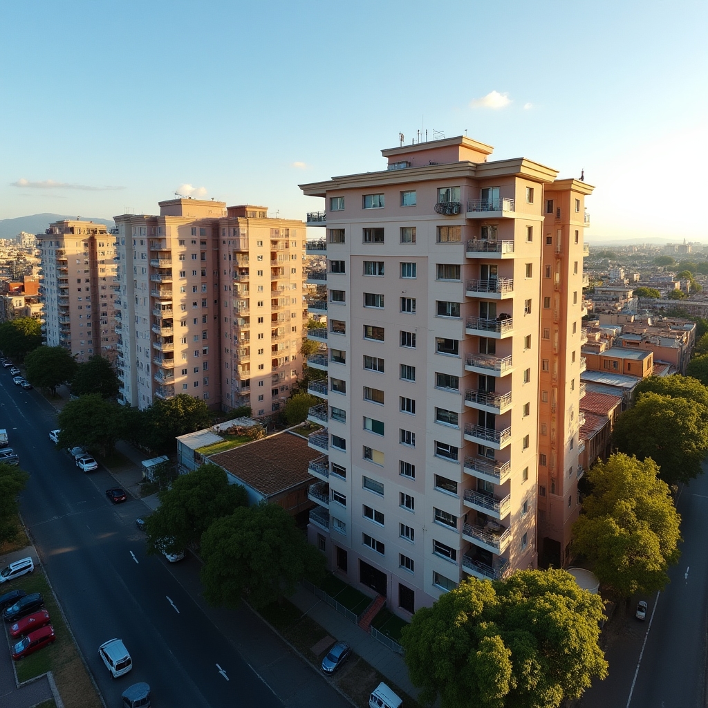 Aerial view of La Rioja city residential building blocks in Argentina under clear blue sky