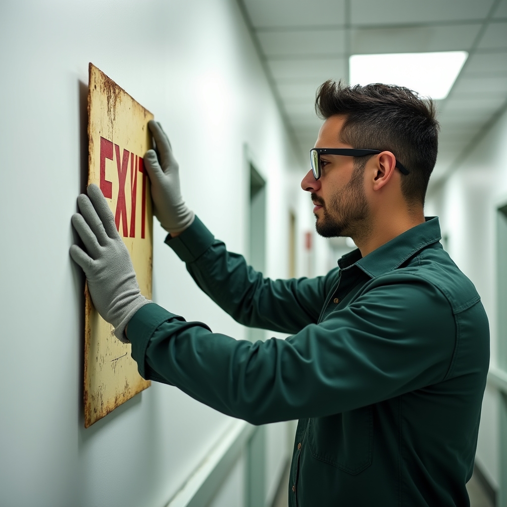 Technician carefully removing an old faded emergency exit sign from a building corridor wall preparing for replacement