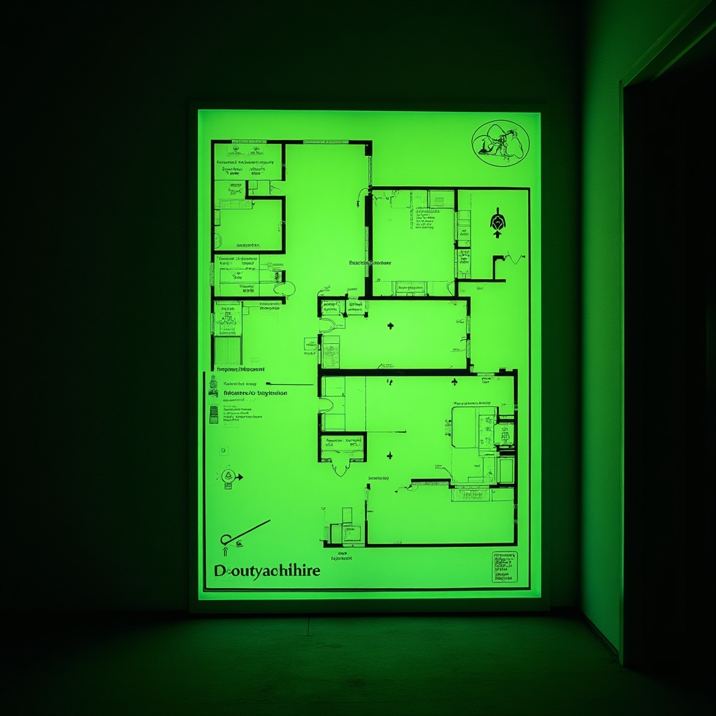Photoluminescent evacuation floor plan glowing green in darkness mounted on building wall