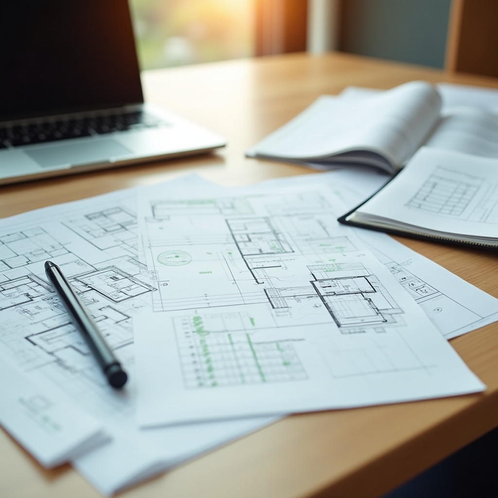 Technical documentation and regulatory compliance checklist for building fire safety spread on desk