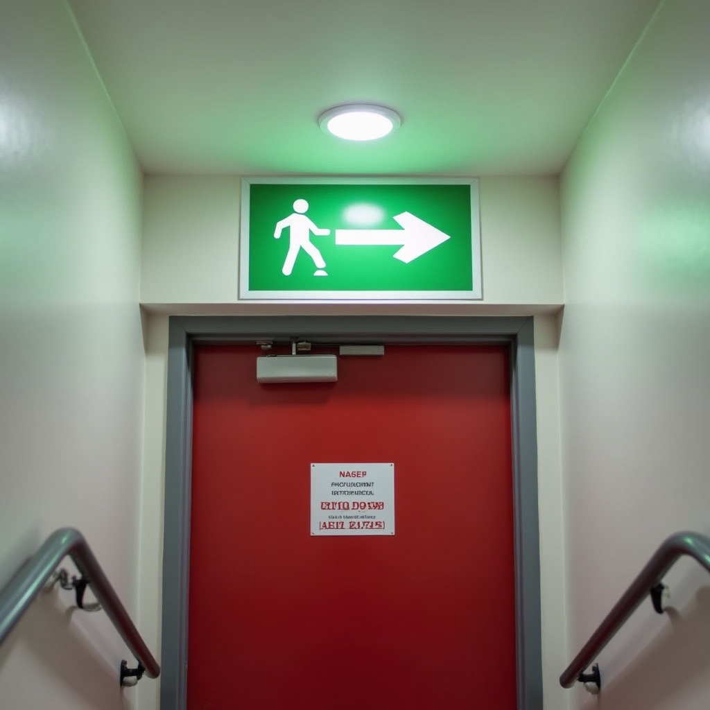 Close-up of a freshly installed directional emergency exit sign above a stairwell door in a residential building